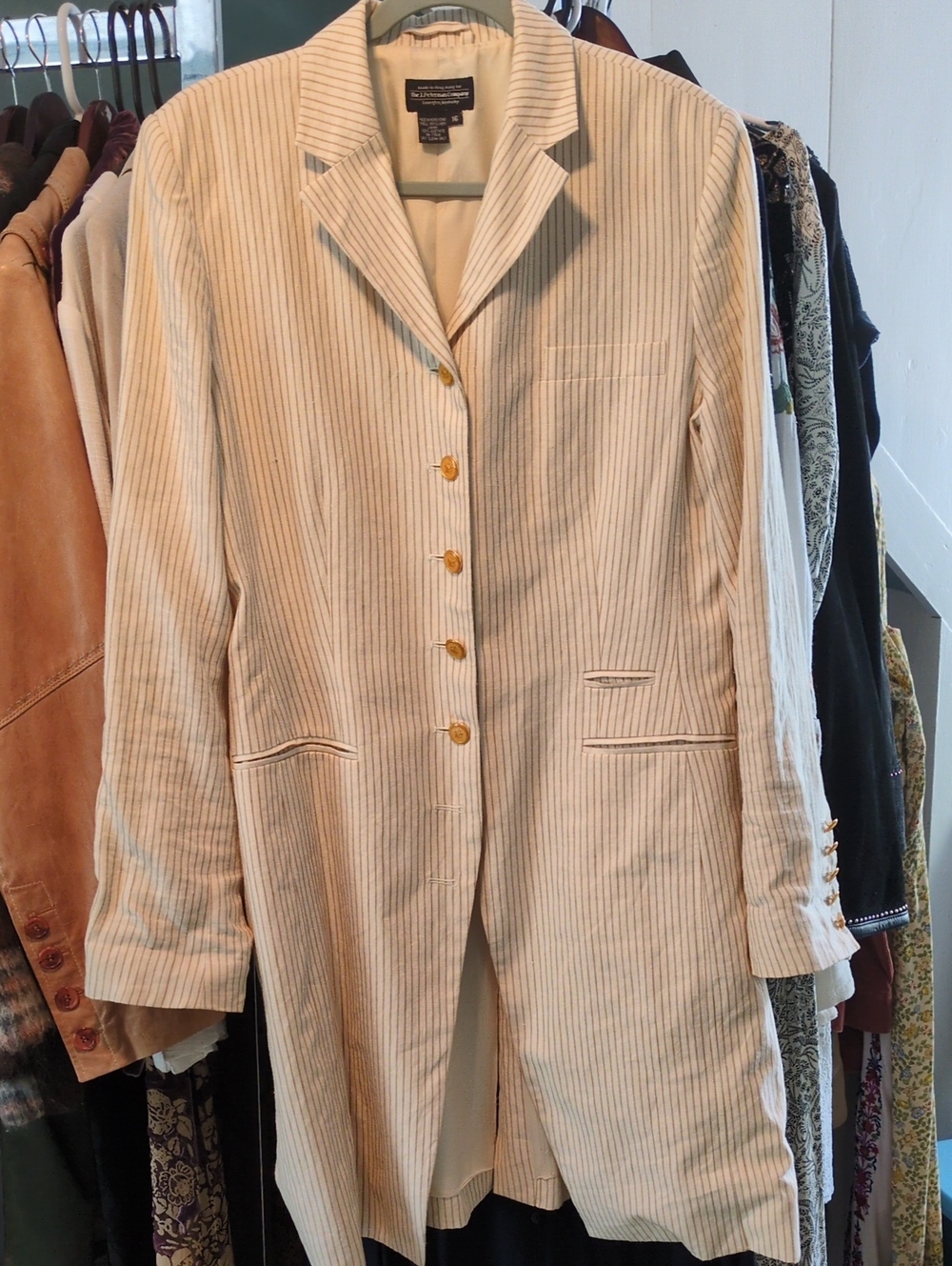 The J Peterman Company Pinstripe Linen Frock Coat. 16